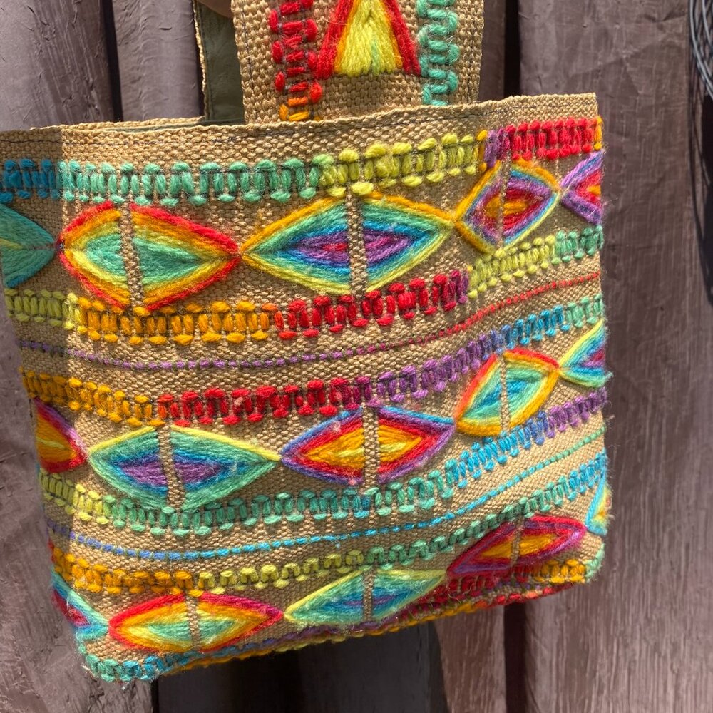 Vintage Handcrafted Burlap Tote Bag | Yarn Embroidered Rainbow